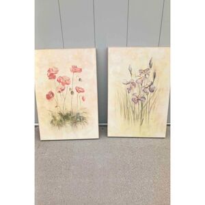Vintage Floral Canvas Wall Art Set of 2 Poppy Iris Cheri Blum Paintings 24x36